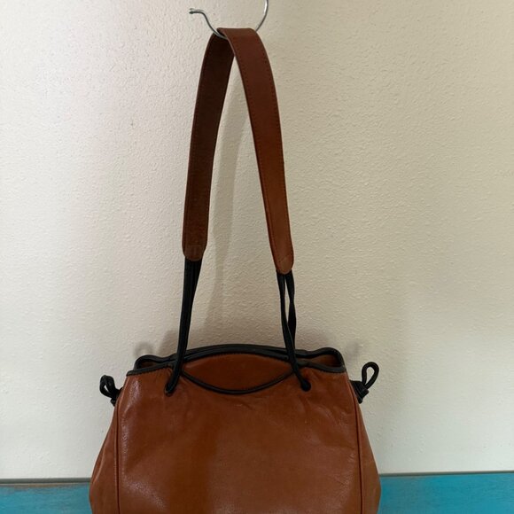 Vintage Jo Ann Page Brown Leather w/ Black Piping Shoulder Bag *Made in the USA* - Picture 3 of 10